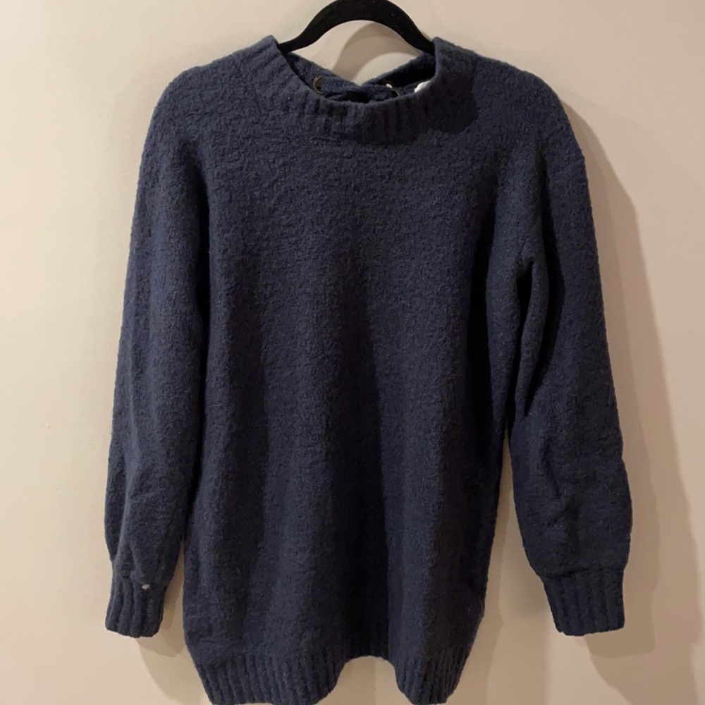 blue sweater dress with back tie